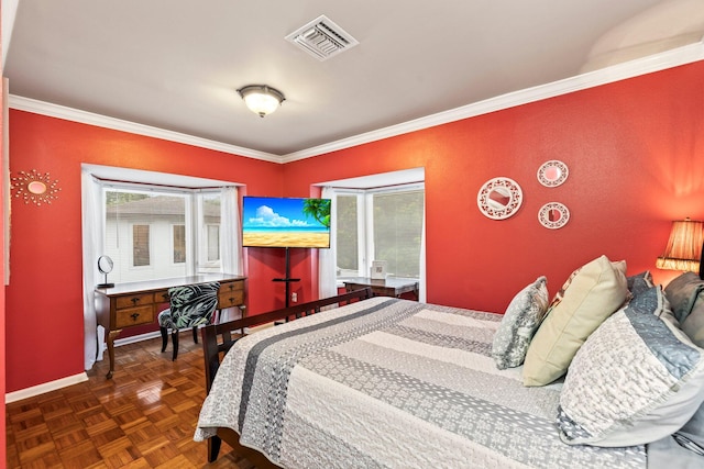 bedroom featuring crown molding, multiple windows, and dark parquet flooring