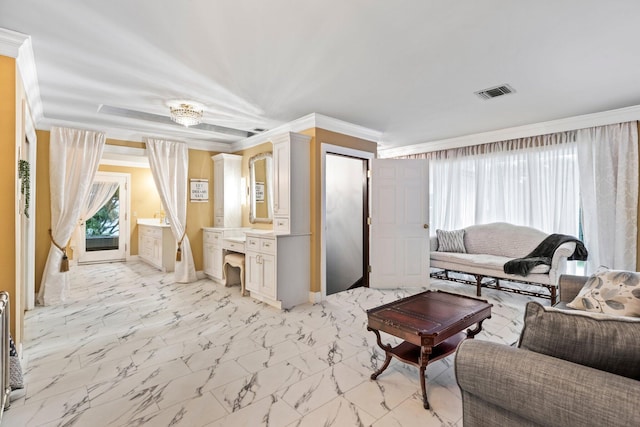 living room with crown molding