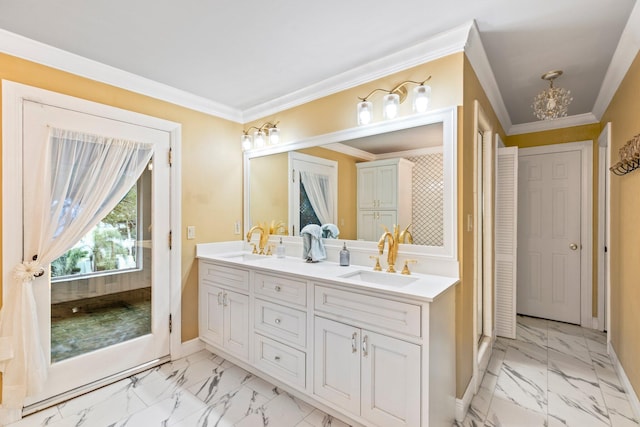 bathroom with vanity and ornamental molding