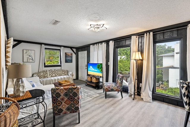 living room with a textured ceiling and wood-type flooring