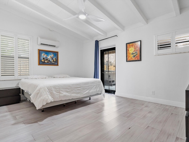 bedroom featuring ceiling fan, light hardwood / wood-style floors, multiple windows, and an AC wall unit