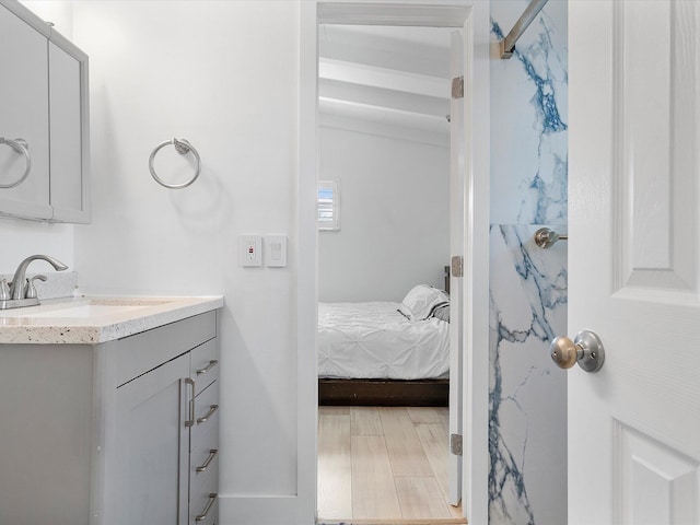 bathroom with hardwood / wood-style floors and vanity