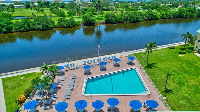 aerial view featuring a water view