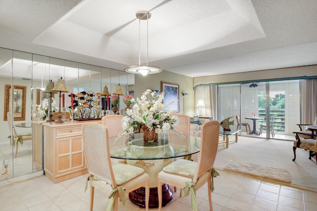 dining space featuring a textured ceiling and a raised ceiling