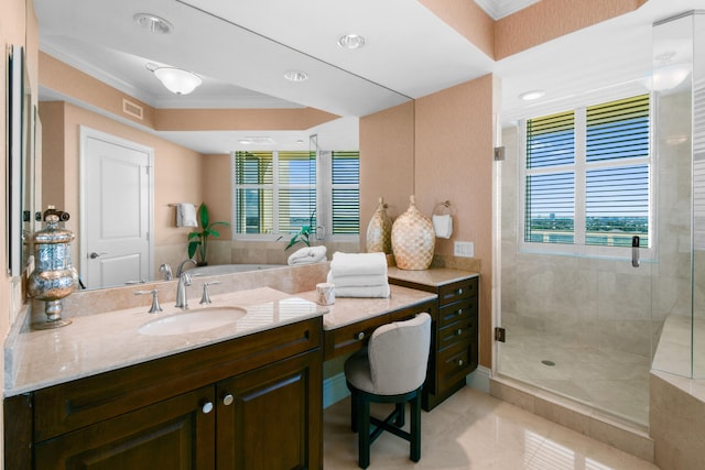 bathroom with a shower with door, ornamental molding, tile patterned floors, and vanity