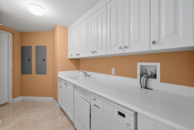 laundry room with cabinets, sink, washer hookup, and electric panel