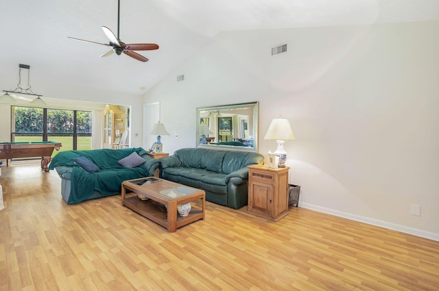 living room featuring ceiling fan, high vaulted ceiling, billiards, and light wood-type flooring