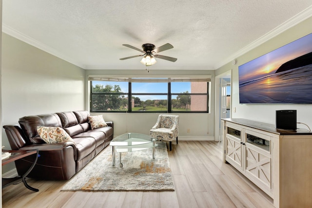 living room with a textured ceiling, ornamental molding, ceiling fan, and light hardwood / wood-style flooring