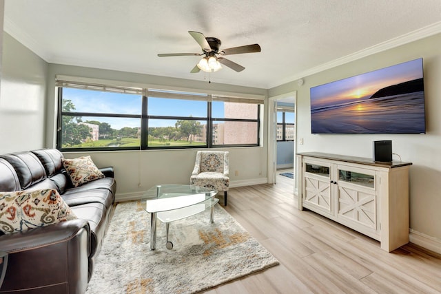 living room with plenty of natural light, light hardwood / wood-style floors, and crown molding