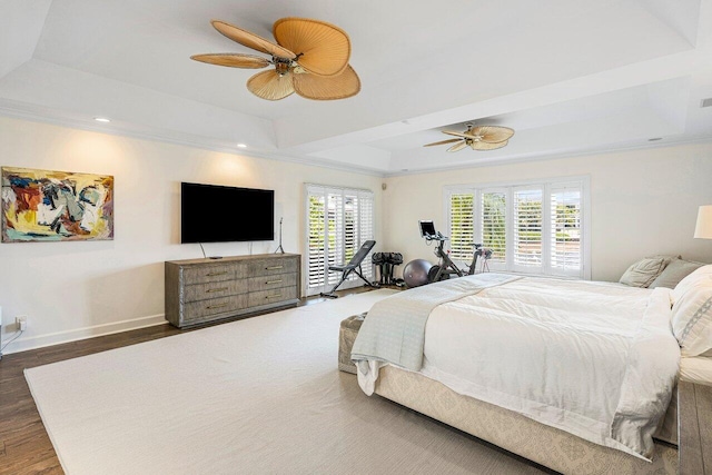 bedroom featuring multiple windows, a tray ceiling, and ceiling fan