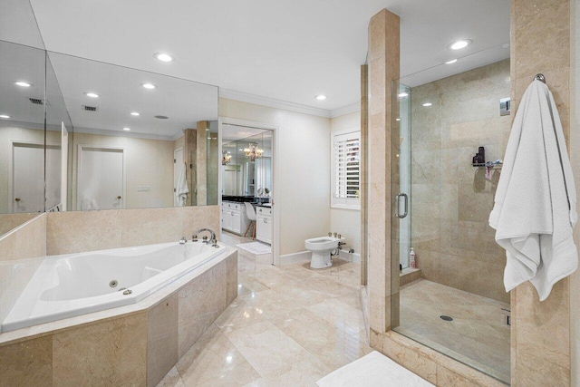 bathroom with ornamental molding, separate shower and tub, vanity, and a bidet