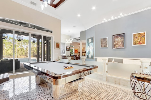 game room featuring ornamental molding and billiards