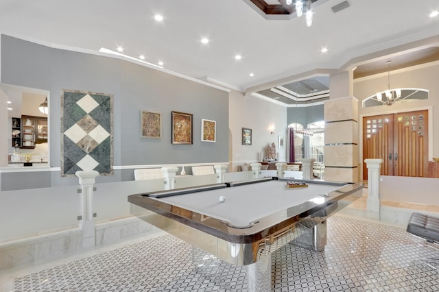 rec room featuring ornamental molding, pool table, light tile patterned floors, and ornate columns