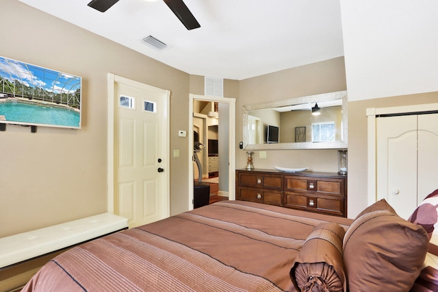 bedroom featuring a closet and ceiling fan