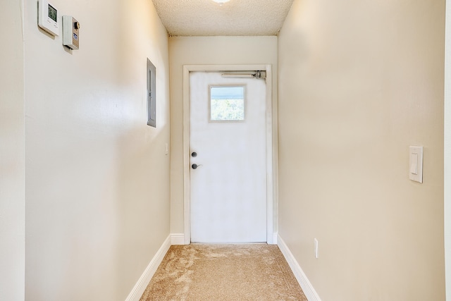 entryway with a textured ceiling and carpet floors