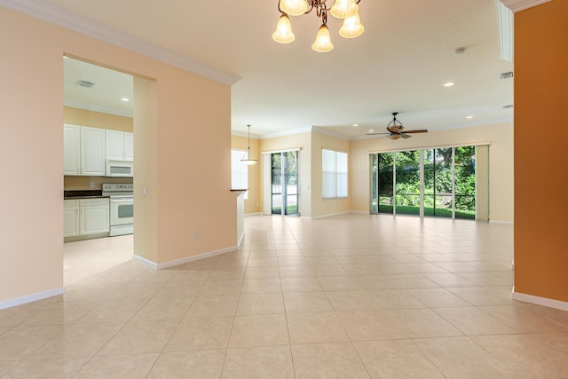 empty room featuring ornamental molding, ceiling fan with notable chandelier, and light tile patterned flooring