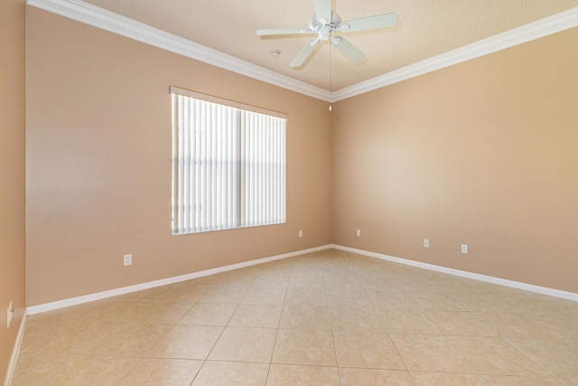 empty room featuring light tile patterned floors, crown molding, a ceiling fan, and baseboards