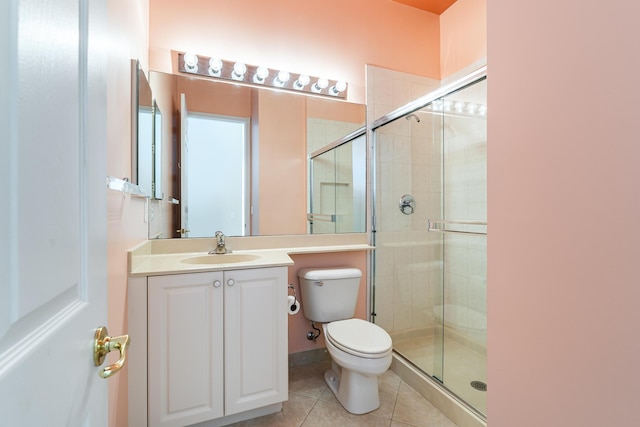 bathroom featuring tile patterned flooring, an enclosed shower, vanity, and toilet