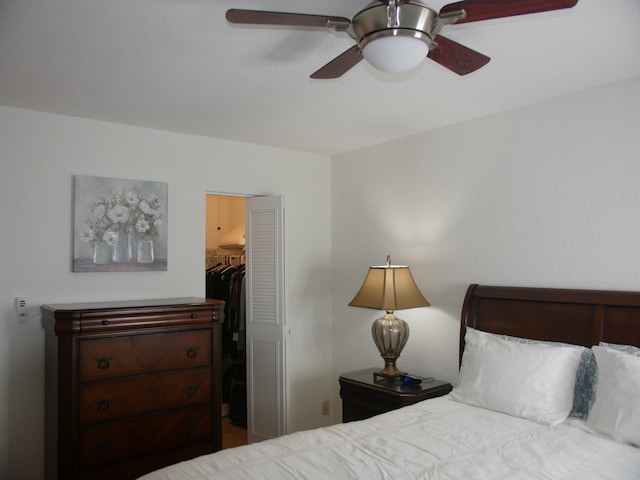 bedroom featuring ceiling fan, a closet, and a walk in closet