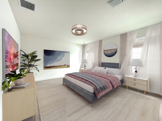 carpeted bedroom with a textured ceiling and visible vents