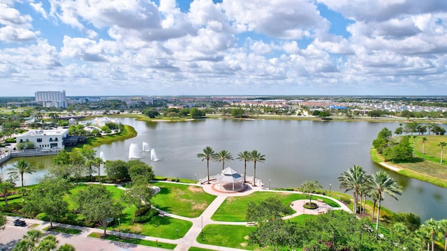 bird's eye view with a water view