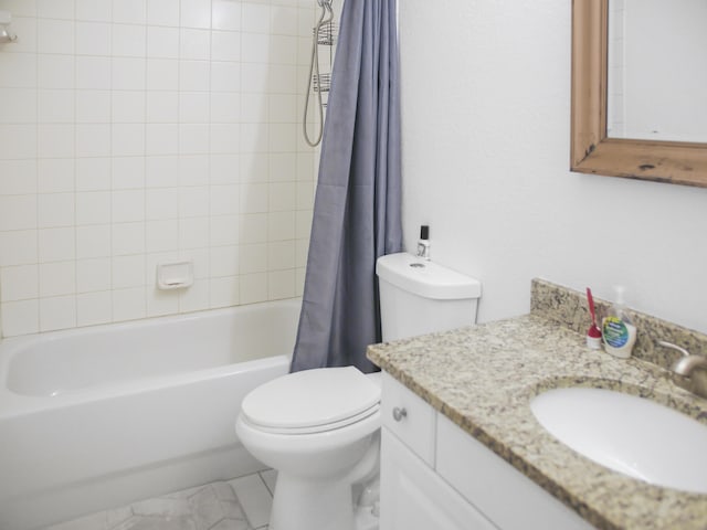 full bathroom featuring vanity, shower / bath combination with curtain, and toilet