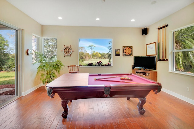 recreation room with light hardwood / wood-style flooring and billiards