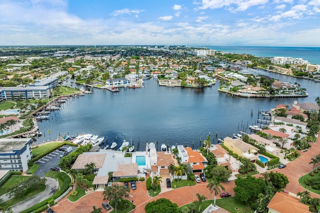 drone / aerial view with a water view