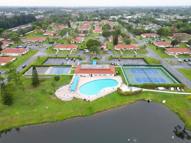 drone / aerial view featuring a water view