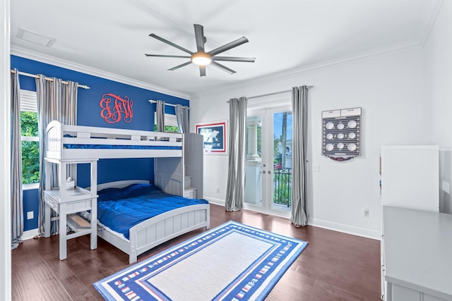 bedroom featuring ceiling fan, dark hardwood / wood-style floors, ornamental molding, and access to outside