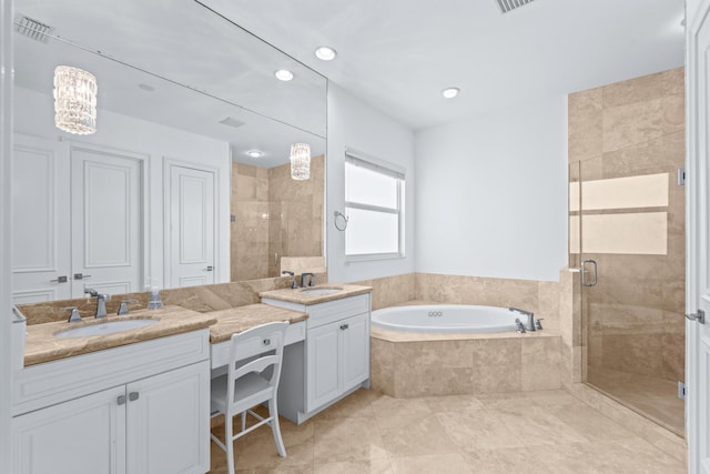 bathroom featuring independent shower and bath, tile patterned flooring, vanity, and a notable chandelier