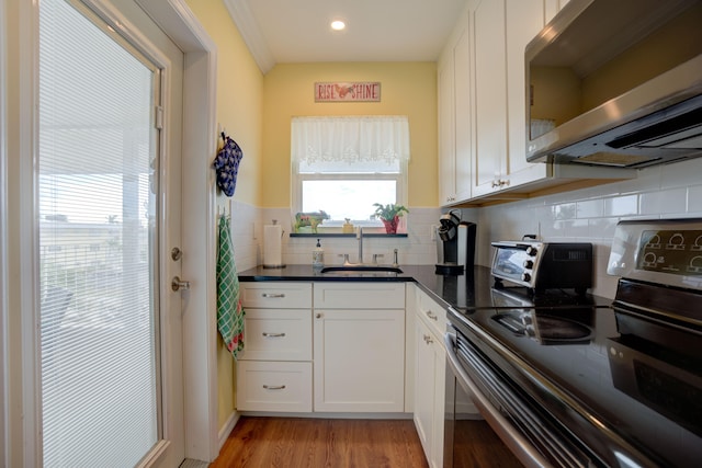 kitchen with white cabinets, appliances with stainless steel finishes, light wood-type flooring, and sink