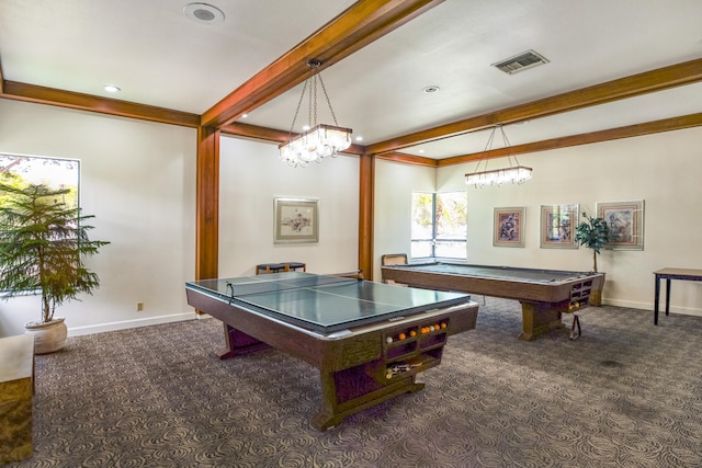 playroom with pool table, dark colored carpet, and beamed ceiling