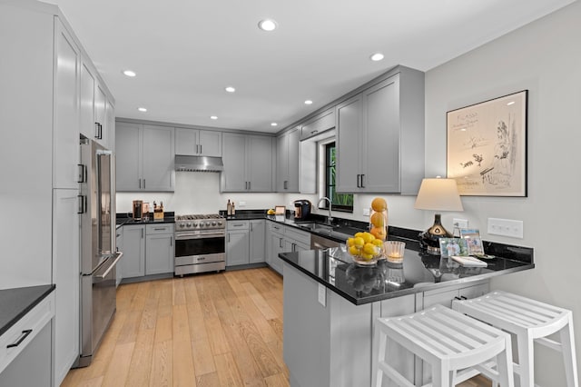 kitchen with light hardwood / wood-style floors, sink, a breakfast bar area, kitchen peninsula, and premium appliances