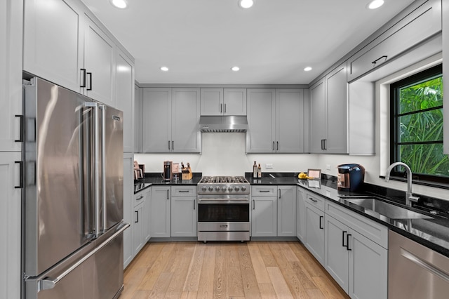 kitchen with gray cabinetry, light hardwood / wood-style floors, dark stone countertops, high end appliances, and sink