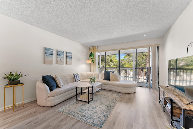 living room featuring a textured ceiling and light wood-type flooring