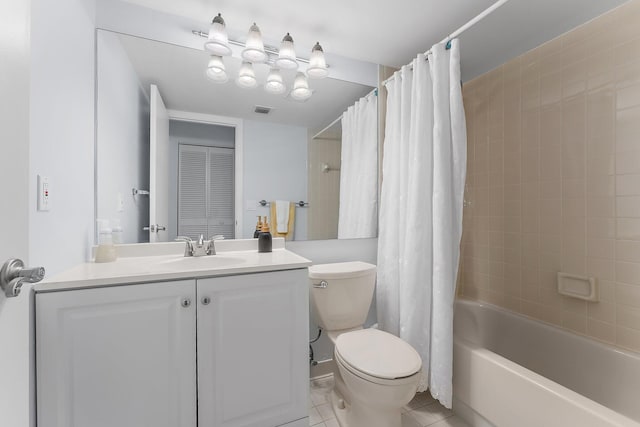 full bathroom featuring vanity, toilet, shower / bathtub combination with curtain, and tile patterned floors