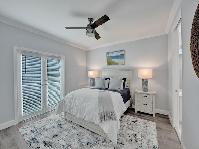 bedroom with ceiling fan, ornamental molding, light hardwood / wood-style floors, and access to outside