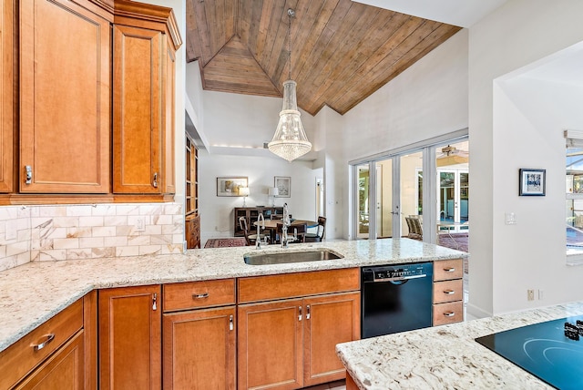 kitchen featuring sink, light stone countertops, wood ceiling, black appliances, and lofted ceiling