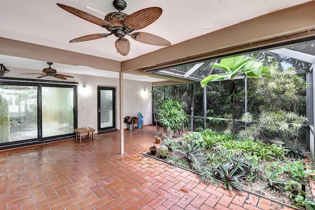 exterior space featuring a lanai and ceiling fan