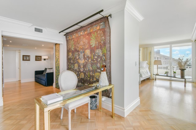 office space with floor to ceiling windows and crown molding