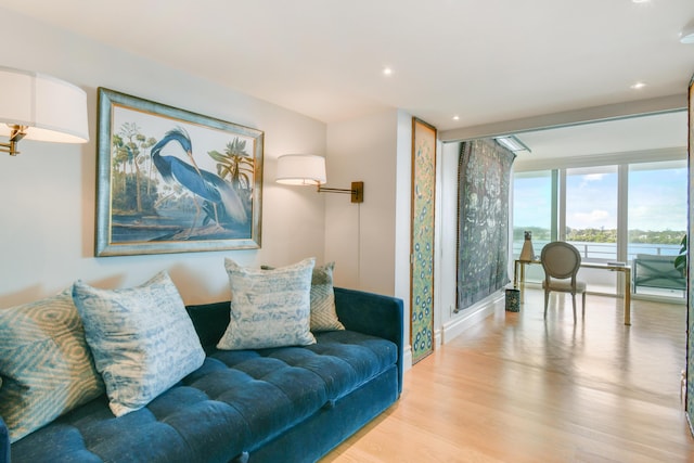 living room featuring light hardwood / wood-style flooring and a water view