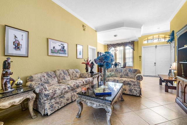 living room with a textured ceiling, light tile patterned floors, and crown molding