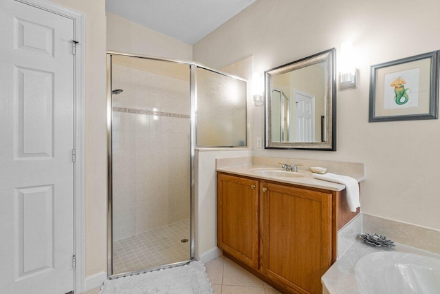 bathroom featuring independent shower and bath, vanity, vaulted ceiling, and tile patterned floors