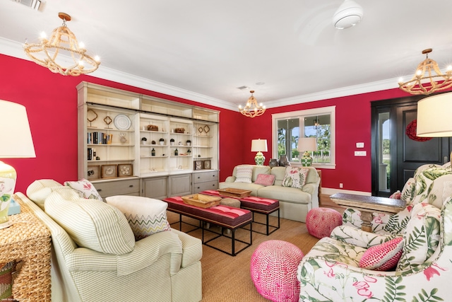 living room with ornamental molding and a notable chandelier