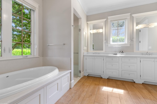 bathroom with vanity, hardwood / wood-style floors, plus walk in shower, and crown molding