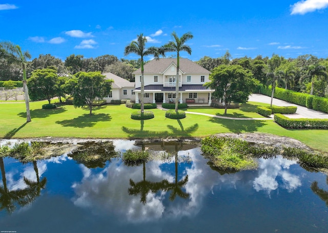 exterior space with a water view