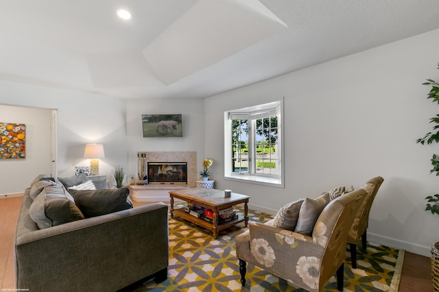 living room with a premium fireplace and hardwood / wood-style floors