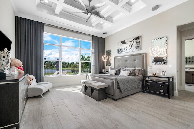 bedroom with light hardwood / wood-style floors, coffered ceiling, ceiling fan, and beamed ceiling