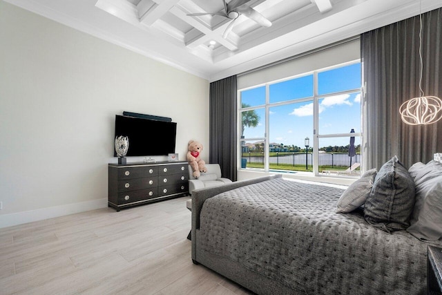 bedroom with ceiling fan, beam ceiling, ornamental molding, light hardwood / wood-style flooring, and coffered ceiling